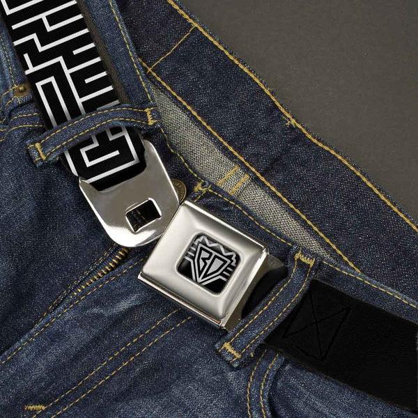 Buckle Down BD Wings Logo CLOSE-UP Full Color Black Silver Seatbelt Belt - Maze Black/White/Red Webbing