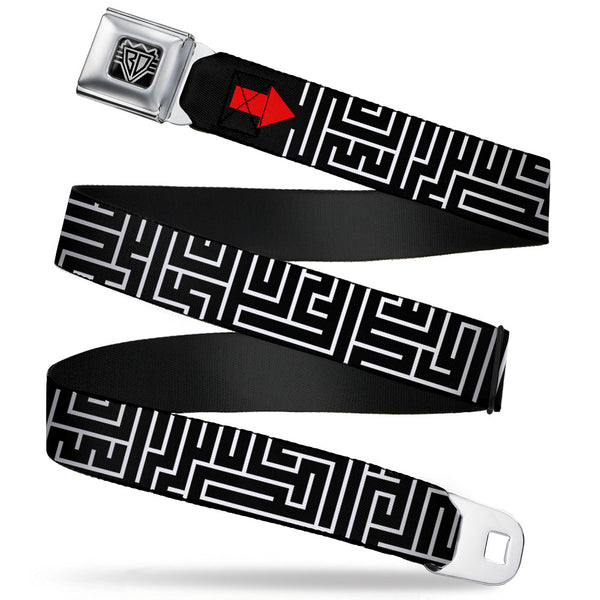buckle down BD Wings Logo CLOSE-UP Full Color Black Silver Seatbelt Belt - Maze Black/White/Red Webbing