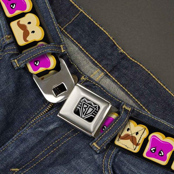 Buckle Down BD Wings Logo CLOSE-UP Full Color Black Silver Seatbelt Belt - Peanut Butter W/Mustache & Jelly Webbing