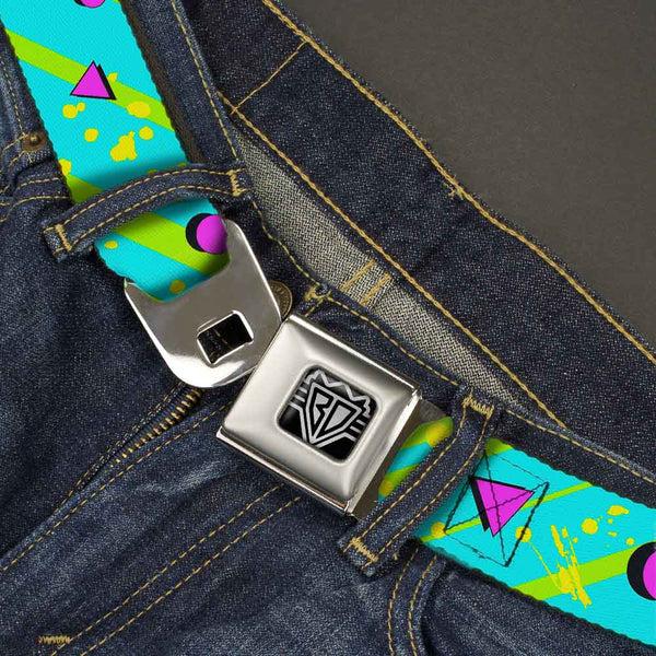 Buckle Down BD Wings Logo CLOSE-UP Full Color Black Silver Seatbelt Belt - Eighties Party Blue/Yellow/Pink Webbing