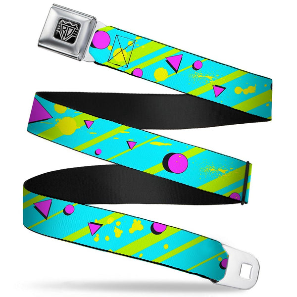 buckle down BD Wings Logo CLOSE-UP Full Color Black Silver Seatbelt Belt - Eighties Party Blue/Yellow/Pink Webbing