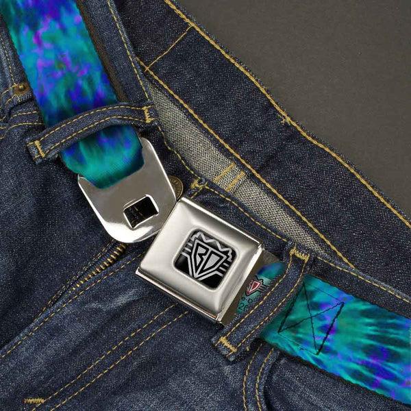 Buckle Down BD Wings Logo CLOSE-UP Full Color Black Silver Seatbelt Belt - Tie Dye Green/Blue/Purple Webbing