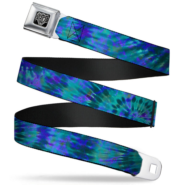 buckle down BD Wings Logo CLOSE-UP Full Color Black Silver Seatbelt Belt - Tie Dye Green/Blue/Purple Webbing