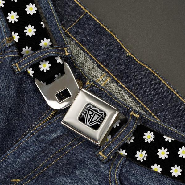Buckle Down BD Wings Logo CLOSE-UP Full Color Black Silver Seatbelt Belt - Daisies Scattered Black/White/Yellow Webbing