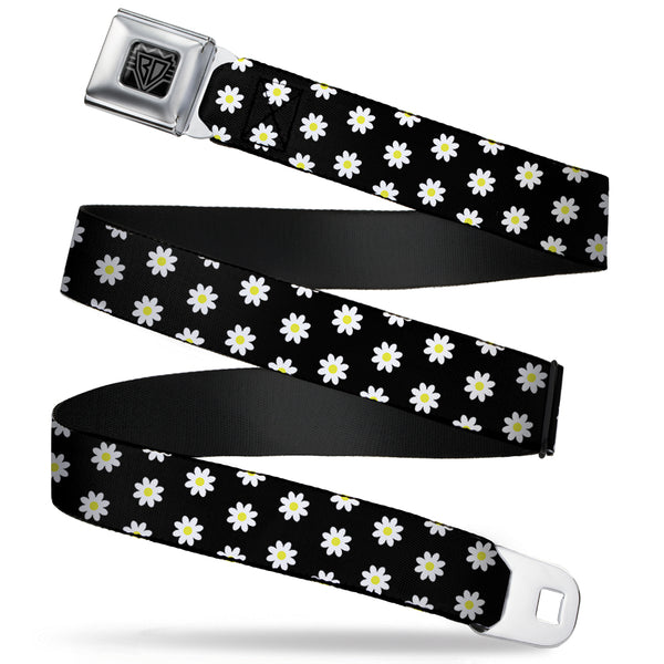buckle down BD Wings Logo CLOSE-UP Full Color Black Silver Seatbelt Belt - Daisies Scattered Black/White/Yellow Webbing
