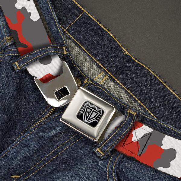 Buckle Down BD Wings Logo CLOSE-UP Full Color Black Silver Seatbelt Belt - Camo Orange Webbing