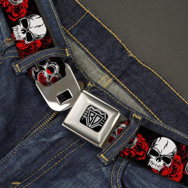 Buckle Down BD Wings Logo CLOSE-UP Full Color Black Silver Seatbelt Belt - Brass Knuckles/Skulls/Roses Black/Red/White Webbing