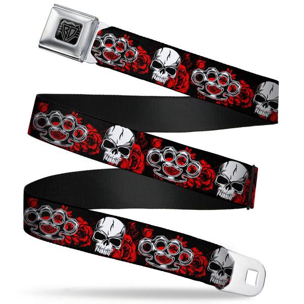 buckle down BD Wings Logo CLOSE-UP Full Color Black Silver Seatbelt Belt - Brass Knuckles/Skulls/Roses Black/Red/White Webbing