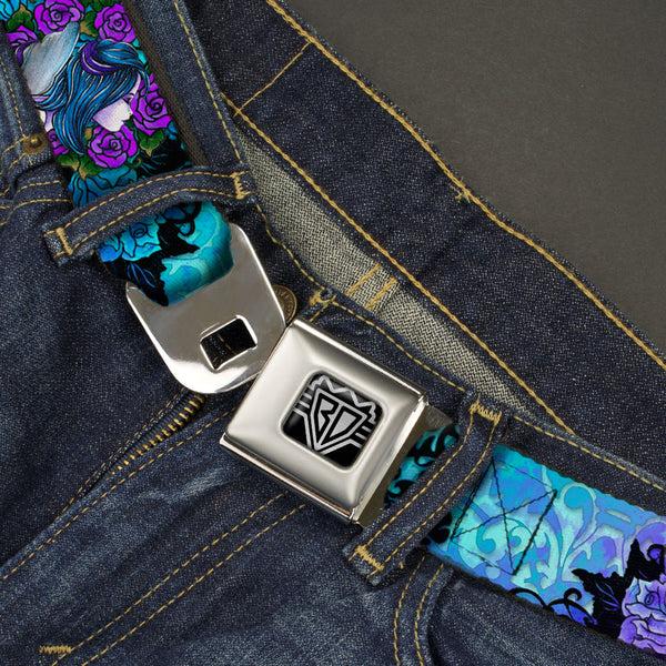 Buckle Down BD Wings Logo CLOSE-UP Full Color Black Silver Seatbelt Belt - TJ-Fairy Blue Hair Webbing