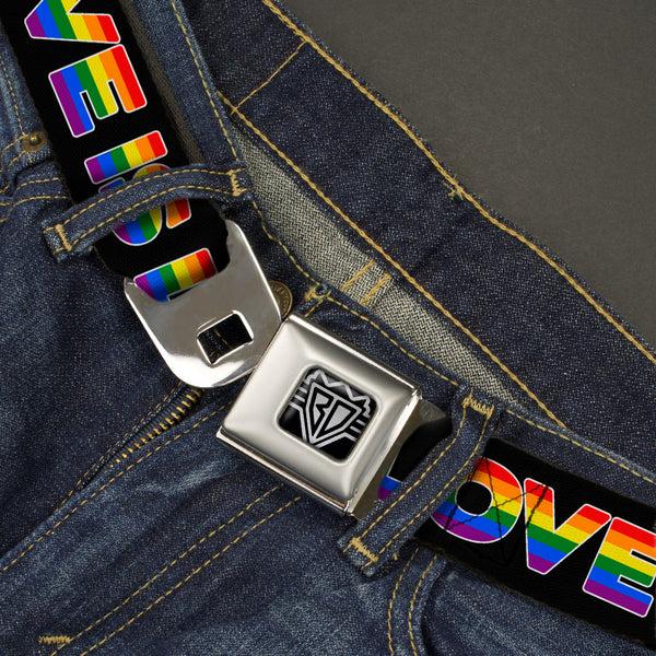 Buckle Down BD Wings Logo CLOSE-UP Full Color Black Silver Seatbelt Belt - LOVE IS LOVE/Heart Black/Rainbow Webbing