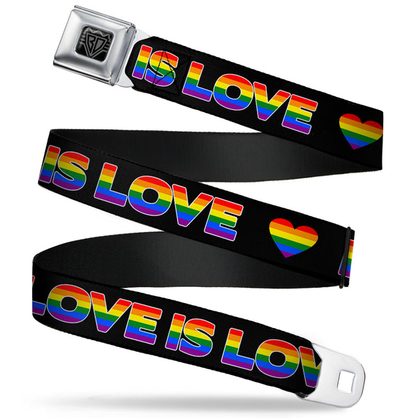 buckle down BD Wings Logo CLOSE-UP Full Color Black Silver Seatbelt Belt - LOVE IS LOVE/Heart Black/Rainbow Webbing