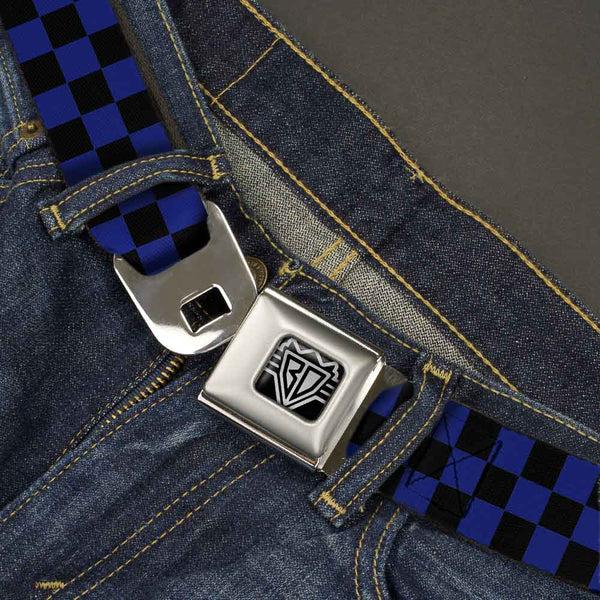 Buckle Down BD Wings Logo CLOSE-UP Full Color Black Silver Seatbelt Belt - Checker Black/Blue Webbing
