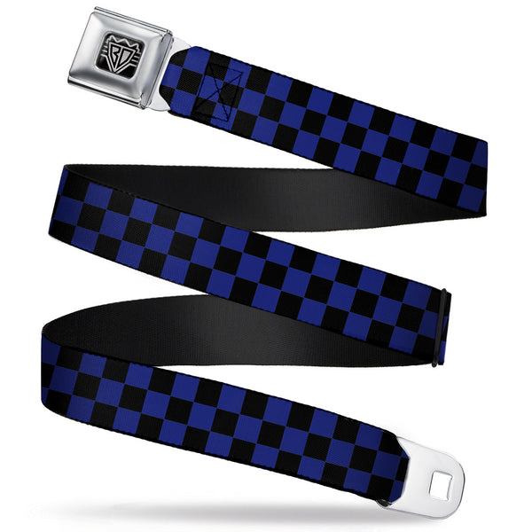buckle down BD Wings Logo CLOSE-UP Full Color Black Silver Seatbelt Belt - Checker Black/Blue Webbing