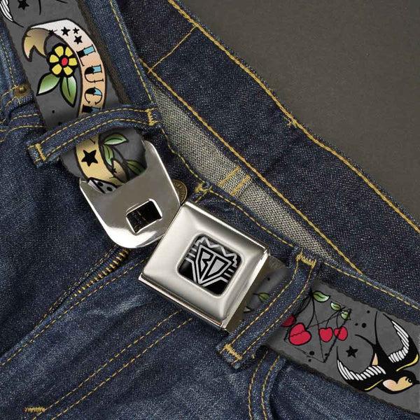 Buckle Down BD Wings Logo CLOSE-UP Full Color Black Silver Seatbelt Belt - Lucky Gray Webbing