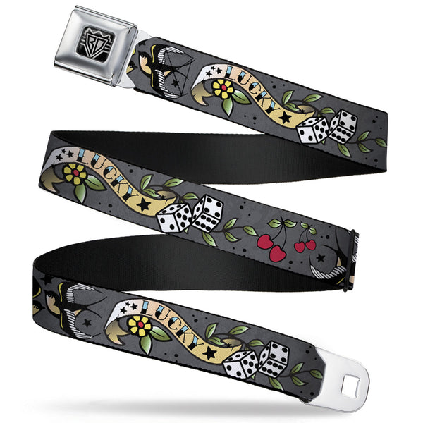buckle down BD Wings Logo CLOSE-UP Full Color Black Silver Seatbelt Belt - Lucky Gray Webbing