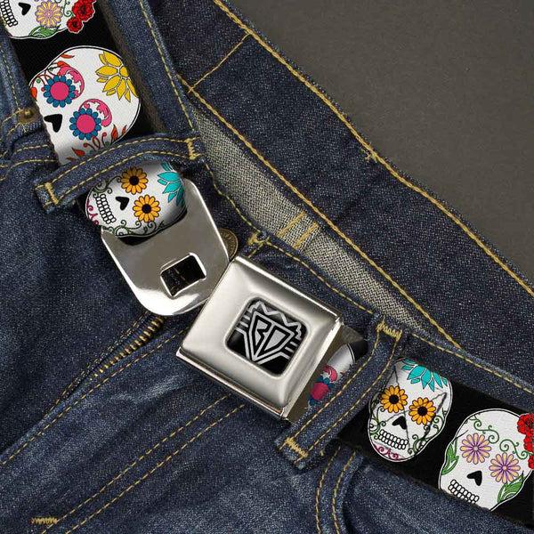 Buckle Down BD Wings Logo CLOSE-UP Full Color Black Silver Seatbelt Belt - Staggered Sugar Skulls CLOSE-UP Black/Multi Color Webbing