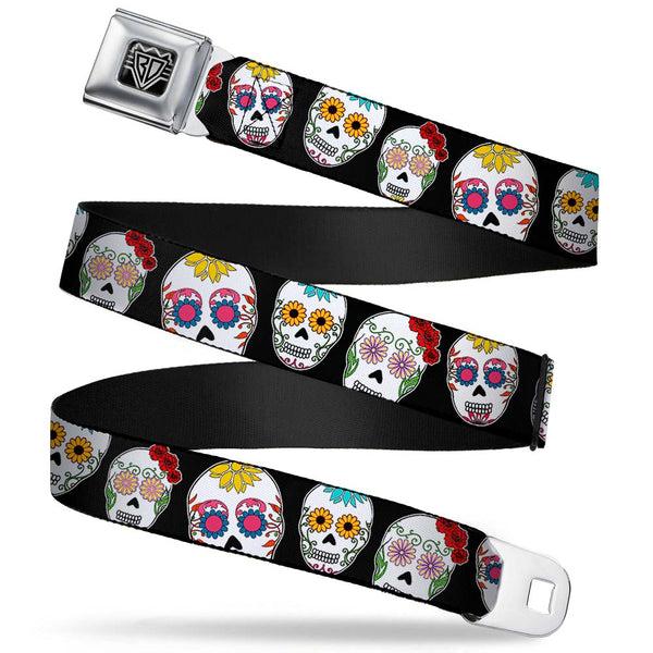 buckle down BD Wings Logo CLOSE-UP Full Color Black Silver Seatbelt Belt - Staggered Sugar Skulls CLOSE-UP Black/Multi Color Webbing
