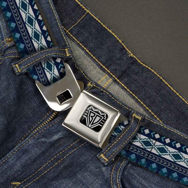 Buckle Down BD Wings Logo CLOSE-UP Full Color Black Silver Seatbelt Belt - Aztec4 Blues/White/Gray Webbing