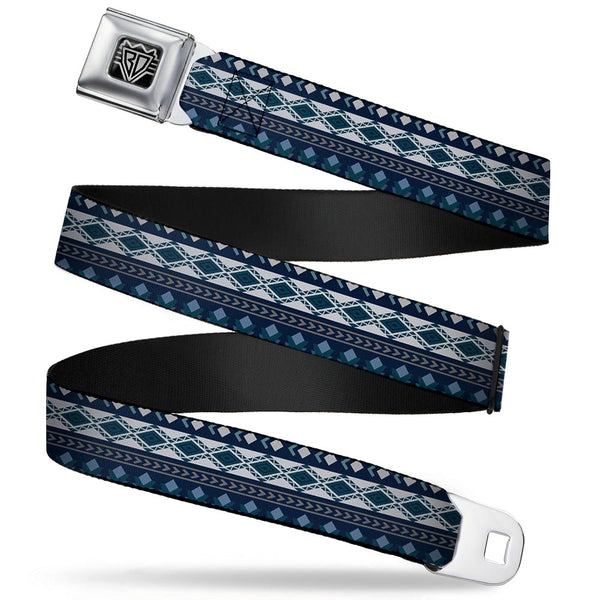 buckle down BD Wings Logo CLOSE-UP Full Color Black Silver Seatbelt Belt - Aztec4 Blues/White/Gray Webbing