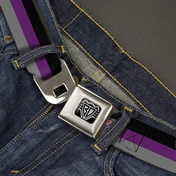 Buckle Down BD Wings Logo CLOSE-UP Full Color Black Silver Seatbelt Belt - Stripes Black/Purple/Gray Webbing