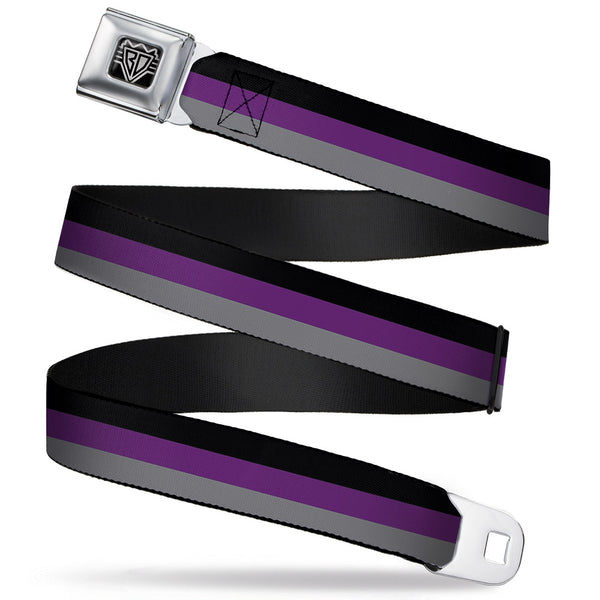 buckle down BD Wings Logo CLOSE-UP Full Color Black Silver Seatbelt Belt - Stripes Black/Purple/Gray Webbing