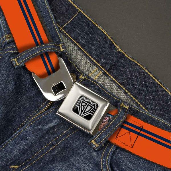 Buckle Down BD Wings Logo CLOSE-UP Full Color Black Silver Seatbelt Belt - Racing Stripe Orange/Navy Webbing