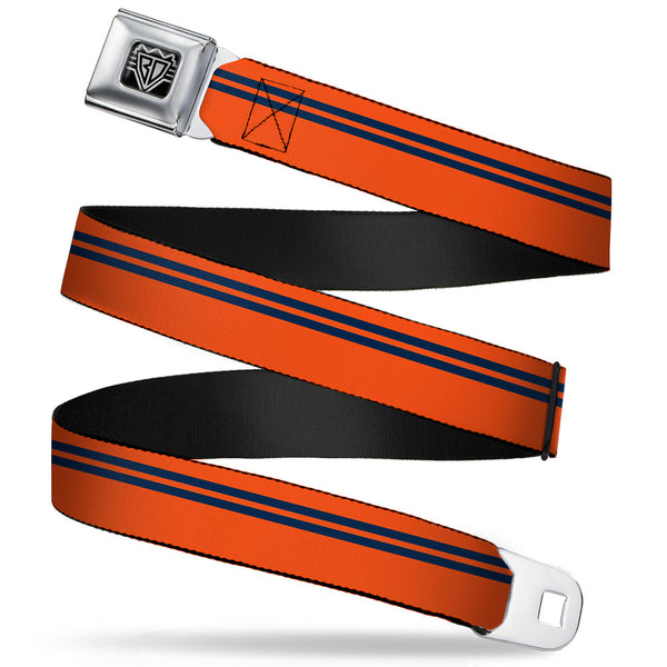 buckle down BD Wings Logo CLOSE-UP Full Color Black Silver Seatbelt Belt - Racing Stripe Orange/Navy Webbing