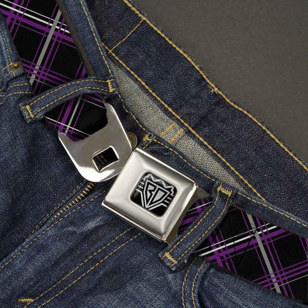 Buckle Down BD Wings Logo CLOSE-UP Full Color Black Silver Seatbelt Belt - Plaid Black/Purple/Gray Webbing