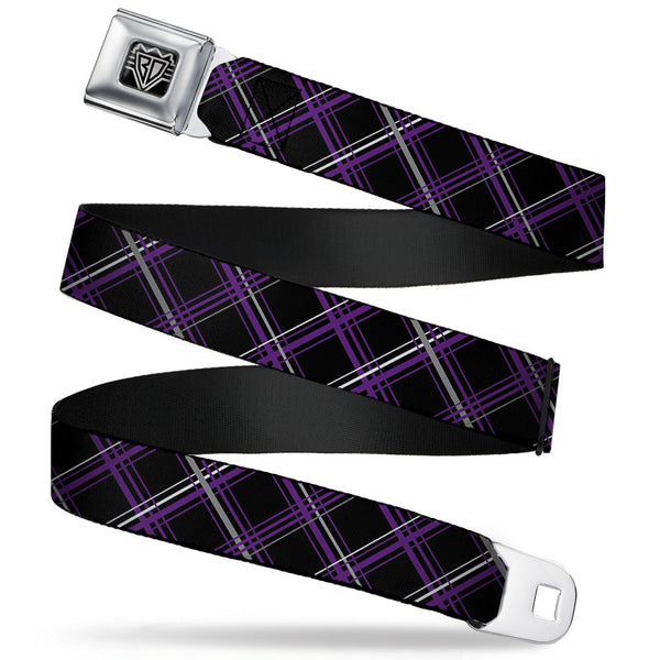 buckle down BD Wings Logo CLOSE-UP Full Color Black Silver Seatbelt Belt - Plaid Black/Purple/Gray Webbing