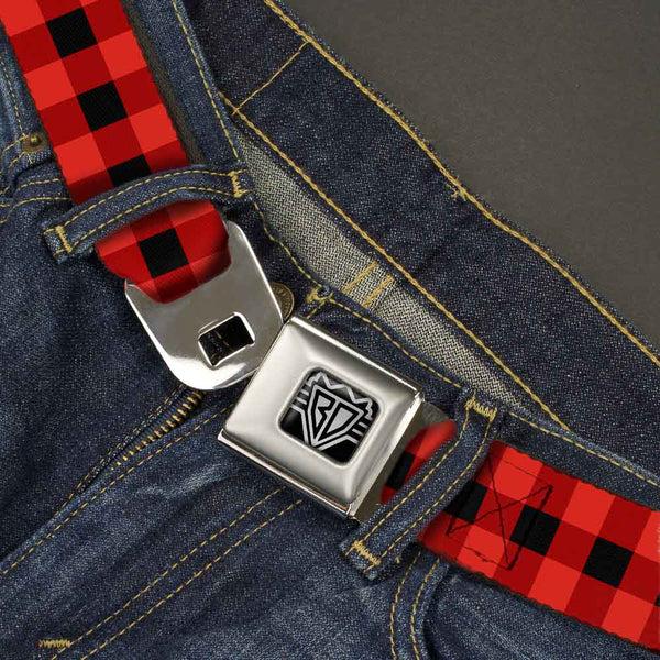 Buckle Down BD Wings Logo CLOSE-UP Full Color Black Silver Seatbelt Belt - Buffalo Plaid Black/Red Webbing