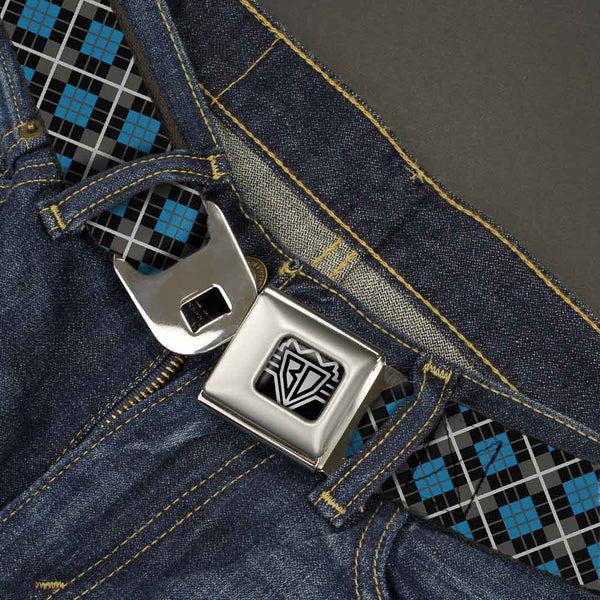 Buckle Down BD Wings Logo CLOSE-UP Full Color Black Silver Seatbelt Belt - Argyle Black/Gray/Turquoise Webbing