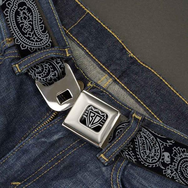 Buckle Down BD Wings Logo CLOSE-UP Full Color Black Silver Seatbelt Belt - Bandana/Skulls Black/Silver Webbing