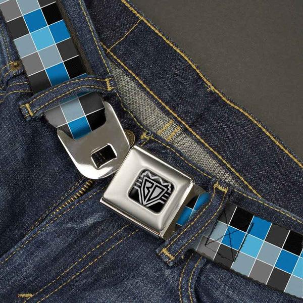 Buckle Down BD Wings Logo CLOSE-UP Full Color Black Silver Seatbelt Belt - Checker Mosaic Blue Webbing