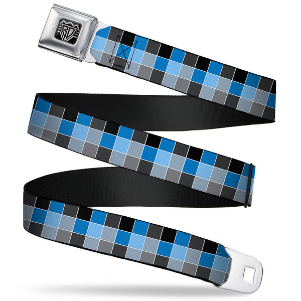 buckle down BD Wings Logo CLOSE-UP Full Color Black Silver Seatbelt Belt - Checker Mosaic Blue Webbing