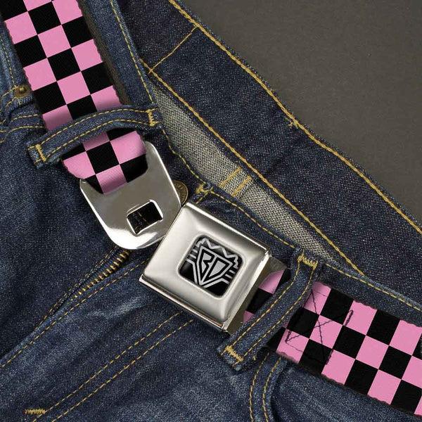 Buckle Down BD Wings Logo CLOSE-UP Full Color Black Silver Seatbelt Belt - Checker Black/Baby Pink Webbing