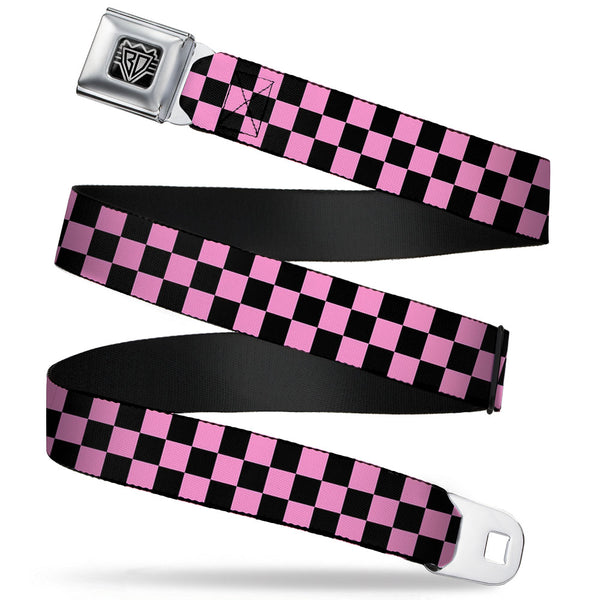 buckle down BD Wings Logo CLOSE-UP Full Color Black Silver Seatbelt Belt - Checker Black/Baby Pink Webbing