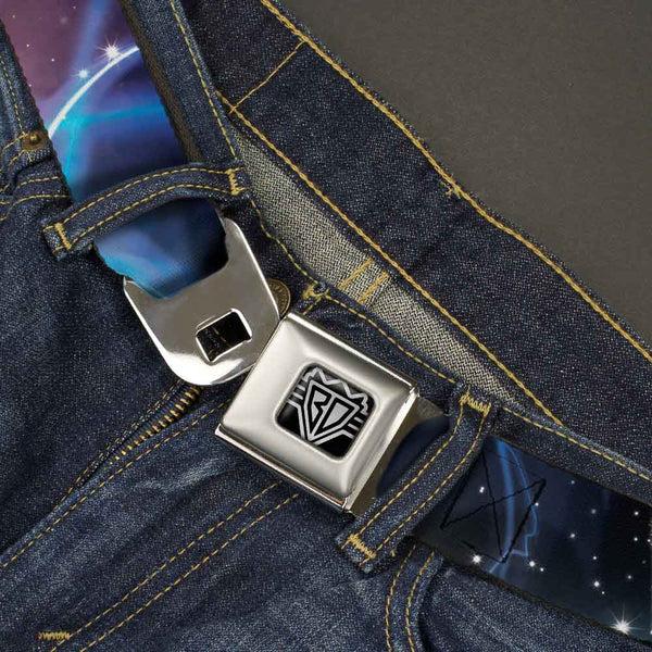Buckle Down BD Wings Logo CLOSE-UP Full Color Black Silver Seatbelt Belt - Galaxy Swirl/Shining Stars Webbing