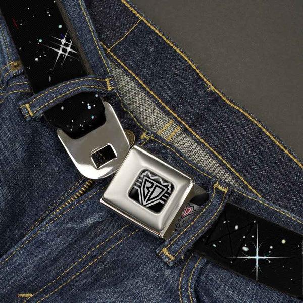 Buckle Down BD Wings Logo CLOSE-UP Full Color Black Silver Seatbelt Belt - Deep Space Black/White Webbing