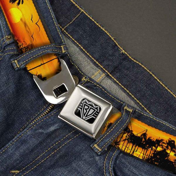 Buckle Down BD Wings Logo CLOSE-UP Full Color Black Silver Seatbelt Belt - Golden Sunset Webbing