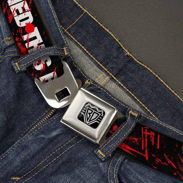 Buckle Down BD Wings Logo CLOSE-UP Full Color Black Silver Seatbelt Belt - ZOMBIES RUINED THIS BELT Black/White/Red Splatter Webbing
