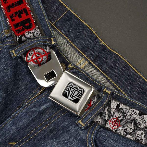 Buckle Down BD Wings Logo CLOSE-UP Full Color Black Silver Seatbelt Belt - ZOMBIE KILLER W/Stacked Zombies Sketch Webbing