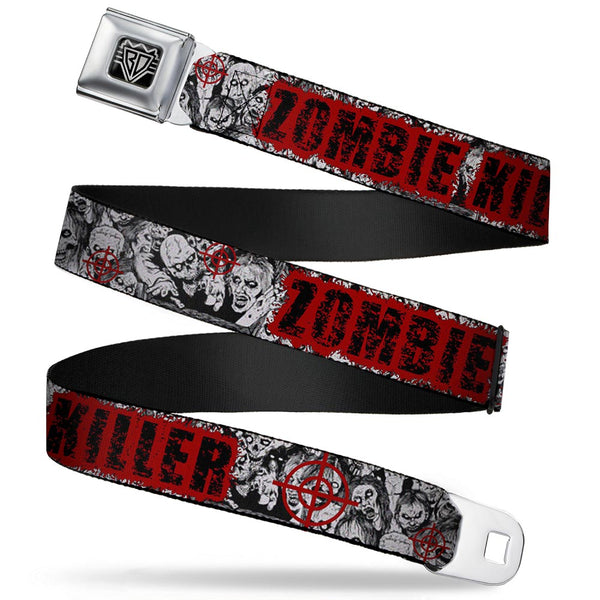 buckle down BD Wings Logo CLOSE-UP Full Color Black Silver Seatbelt Belt - ZOMBIE KILLER w/Stacked Zombies Sketch Webbing