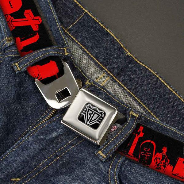 Buckle Down BD Wings Logo CLOSE-UP Full Color Black Silver Seatbelt Belt - Graveyard Black/Red Webbing