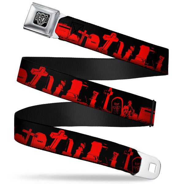 buckle down BD Wings Logo CLOSE-UP Full Color Black Silver Seatbelt Belt - Graveyard Black/Red Webbing