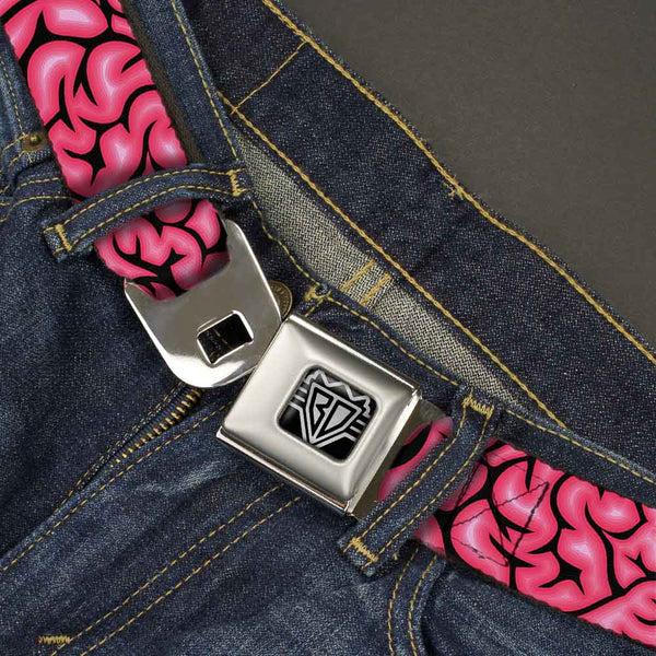 Buckle Down BD Wings Logo CLOSE-UP Full Color Black Silver Seatbelt Belt - Brains Black/Pink Webbing