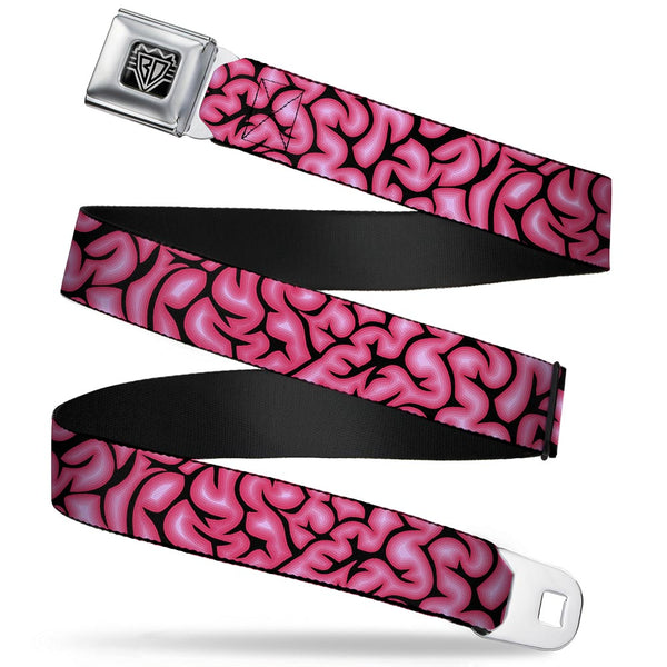 buckle down BD Wings Logo CLOSE-UP Full Color Black Silver Seatbelt Belt - Brains Black/Pink Webbing