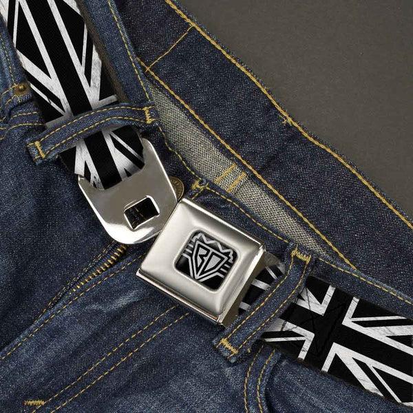 Buckle Down BD Wings Logo CLOSE-UP Full Color Black Silver Seatbelt Belt - Union Jack Distressed Black/White Webbing