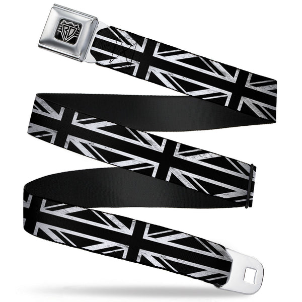buckle down BD Wings Logo CLOSE-UP Full Color Black Silver Seatbelt Belt - Union Jack Distressed Black/White Webbing