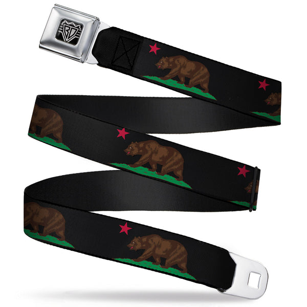 buckle down BD Wings Logo CLOSE-UP Full Color Black Silver Seatbelt Belt - California Flag Bear Black Webbing