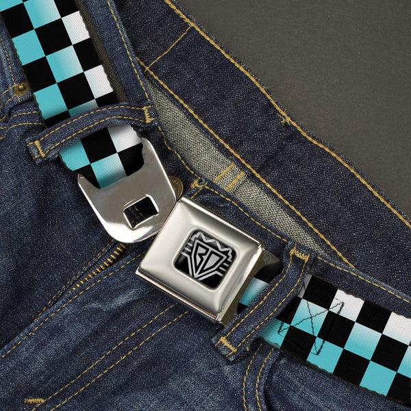 Buckle Down BD Wings Logo CLOSE-UP Full Color Black Silver Seatbelt Belt - Checker Black/Ombre Turquoise Webbing
